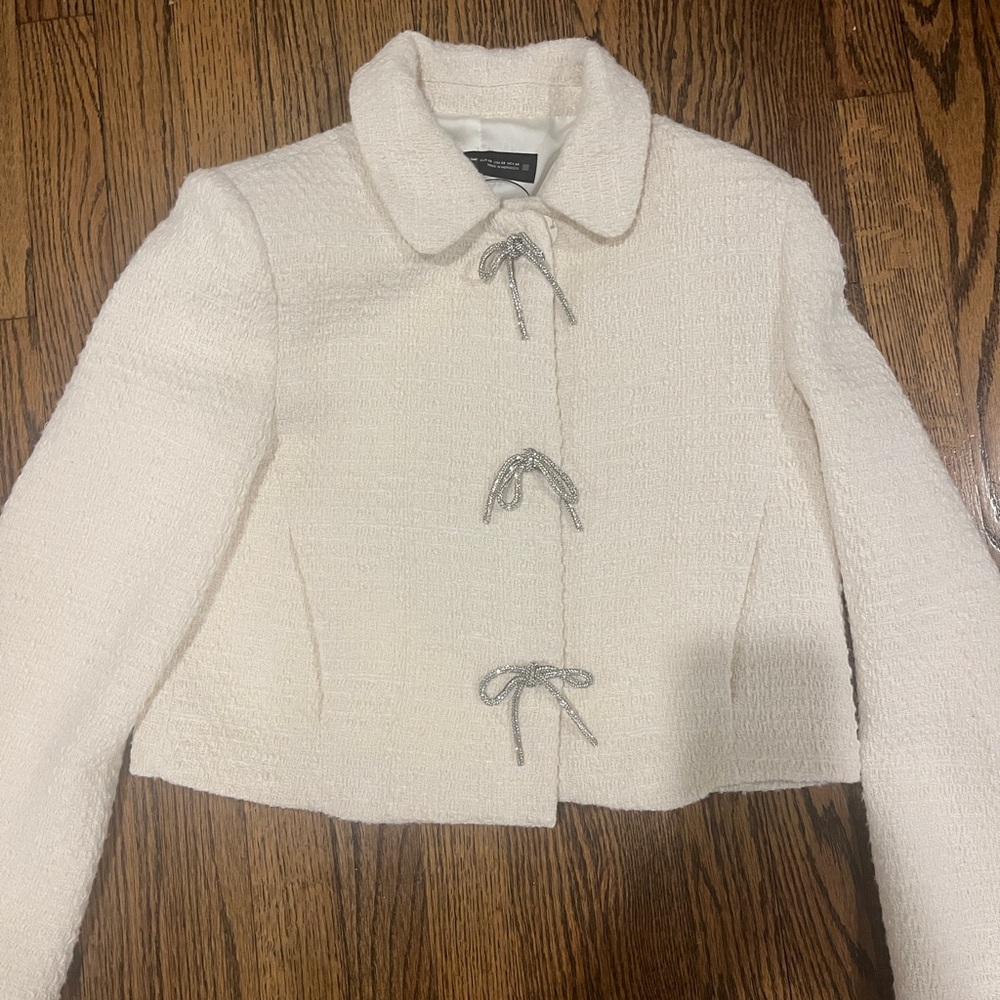 Zara Cream Tweed Blazer with Silver Bows